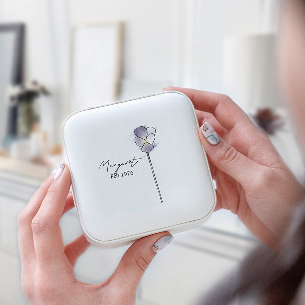 Custom Name Jewelry Box with Birth Flowers, Jewelry Travel Case