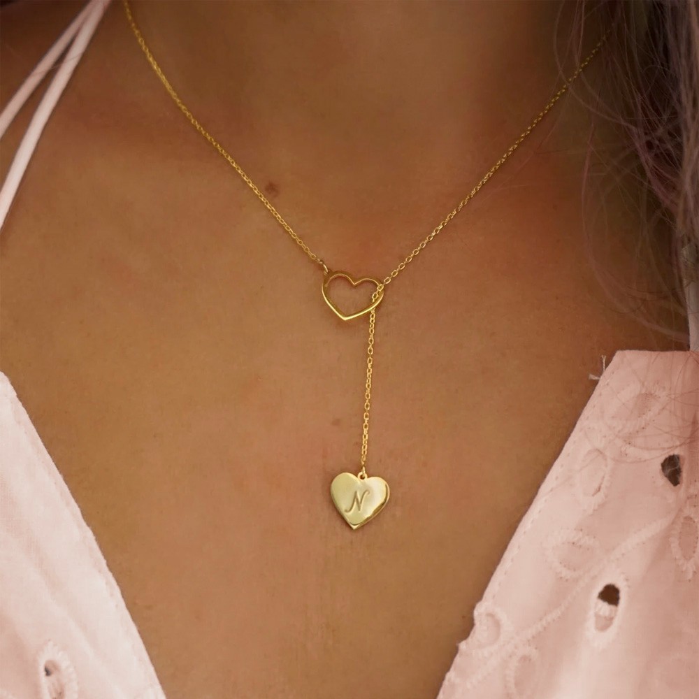 Heart Lariat Necklace with Initial, Personalized Y Necklace with Heart