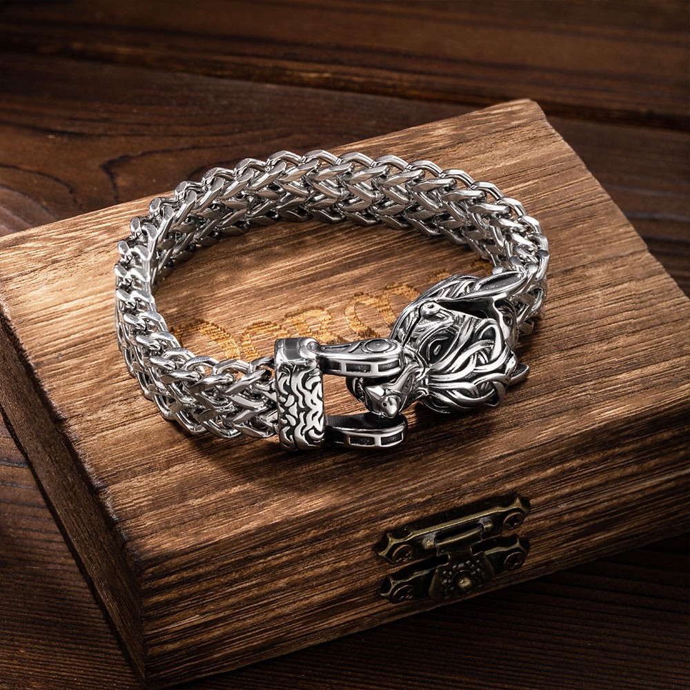 Bracelet Homme Viking - Chaîne Cubaine Acier Inoxydable Avec Griffes De Loup Et Pierre Turquoise - Cadeau Style Biker