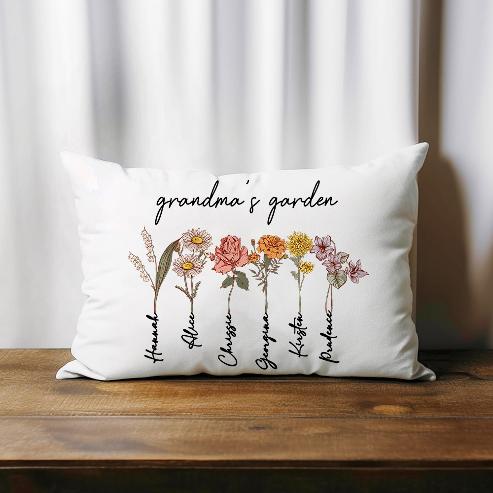 Personalized Grandma's Garden Lumbar Pillow With Customizable Grandkids Names Flower Stems