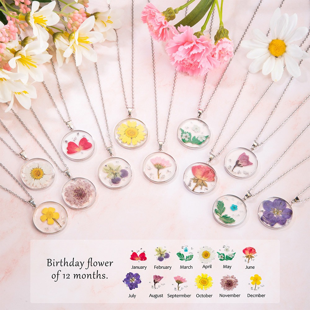 Collana di fiori di nascita personalizzati, collana di resina di fiori pressati essiccati, gioielli con ciondolo rotondo personalizzati, regali di compleanno, regali per le donne