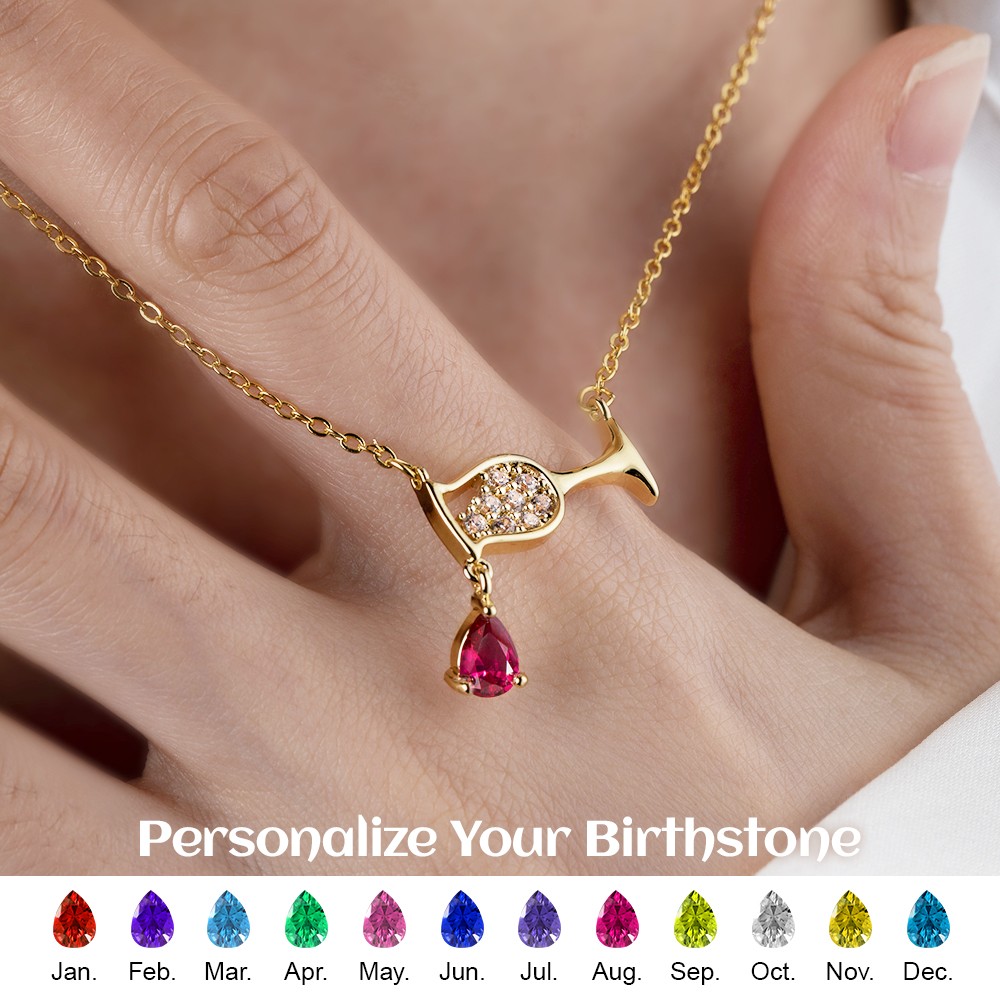 Wine Glass Ruby Birthstone Necklace, Wine Bottle Cup Cubic Zircon Pendant Necklace, Birthday Gift for Women/Wine Lover/Bartender