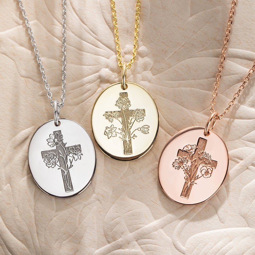collana con croce di fiori di nascita in argento sterling