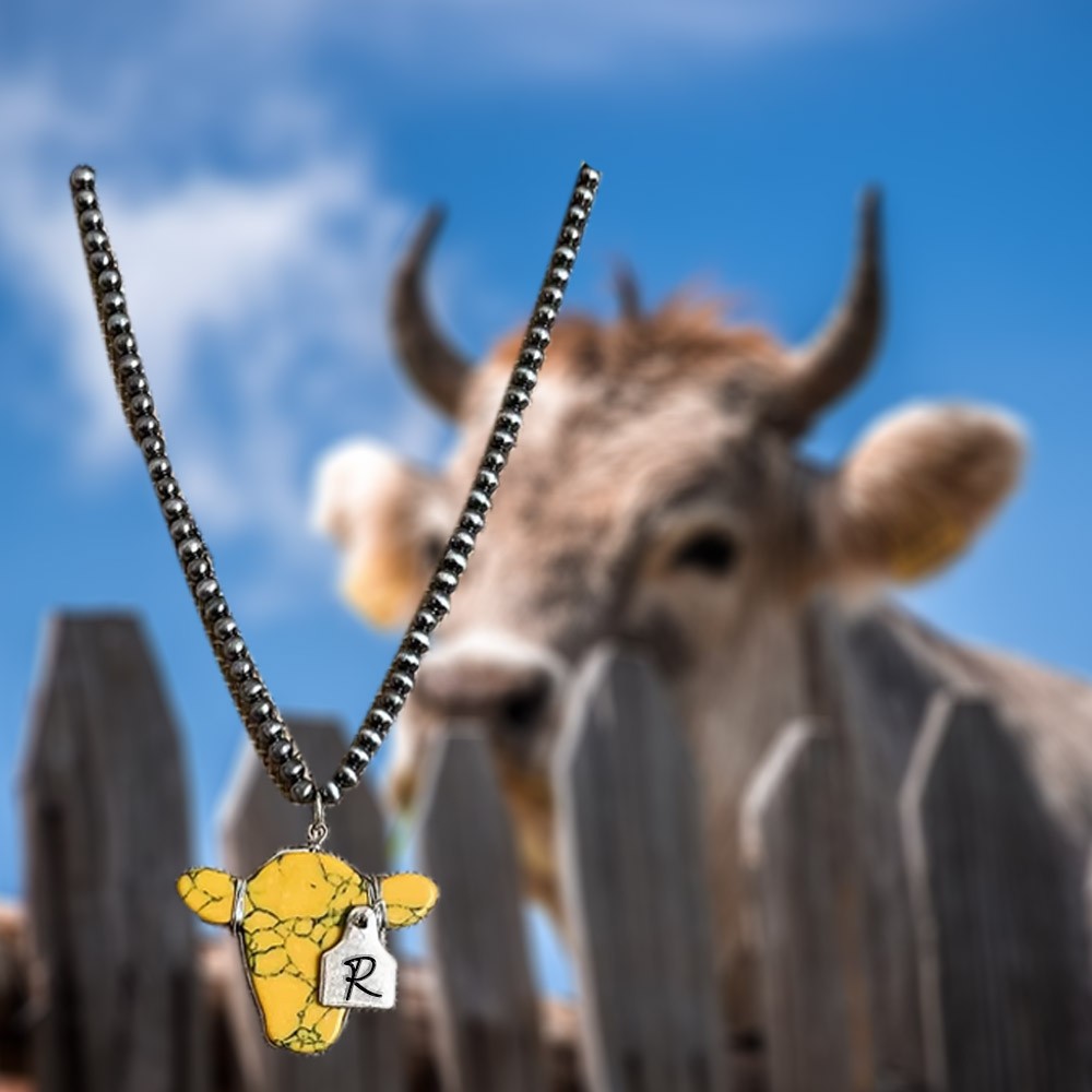 Cute Western Cow Head and Navajo Style Pearl Necklace, Silver Cattle Tag Branding Necklace, Western Jewelry, Farm Life, Gift for Cow Lover