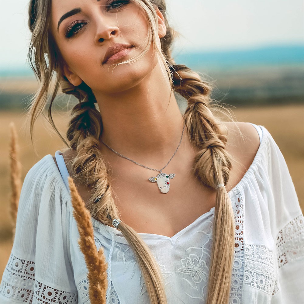 Personalisierte Namens- und Geburtsstein-Kuh-Halskette, Retro-Boho-Vintage-Halskette, Kuh-Geschenke für Frauen/Mädchen, Western-Schmuck für Cowgirl