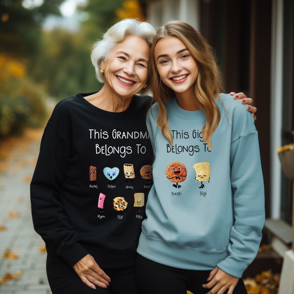 Custom Family Names Cookies Crewneck-tröja, T-shirt och tröja med söt kexkaraktär, Unisex för män och kvinnor, julklapp till morföräldrar/familj