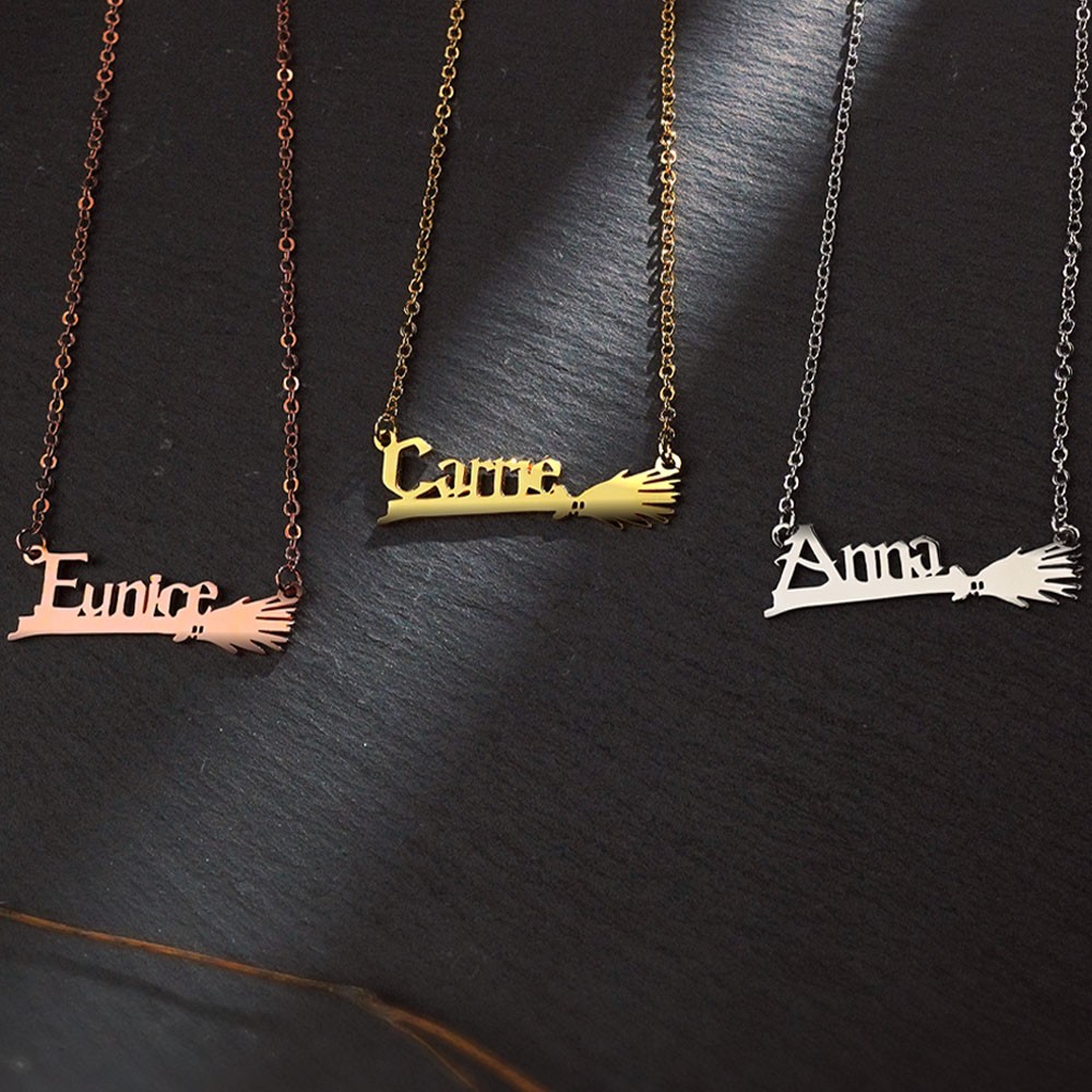 Custom Name Witch Broom Necklace, Magic Broom Name Pendant Chain, Sterling Silver 925 Jewelry, Birthday/Christmas/Anniversary Gift for Women/Girls