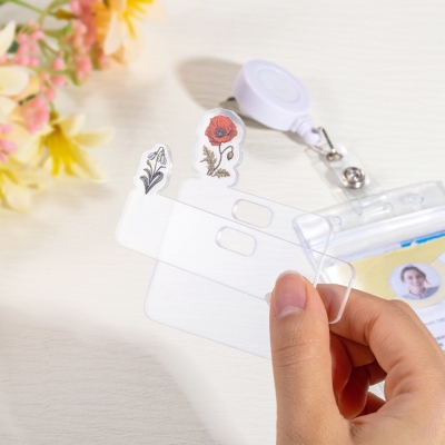 Gepersonaliseerde geboorte bloem badge topper, acryl badge pin houder adapter, ID-kaart versieren medische pin display, cadeau voor verpleegkundige/arts/student/personeel