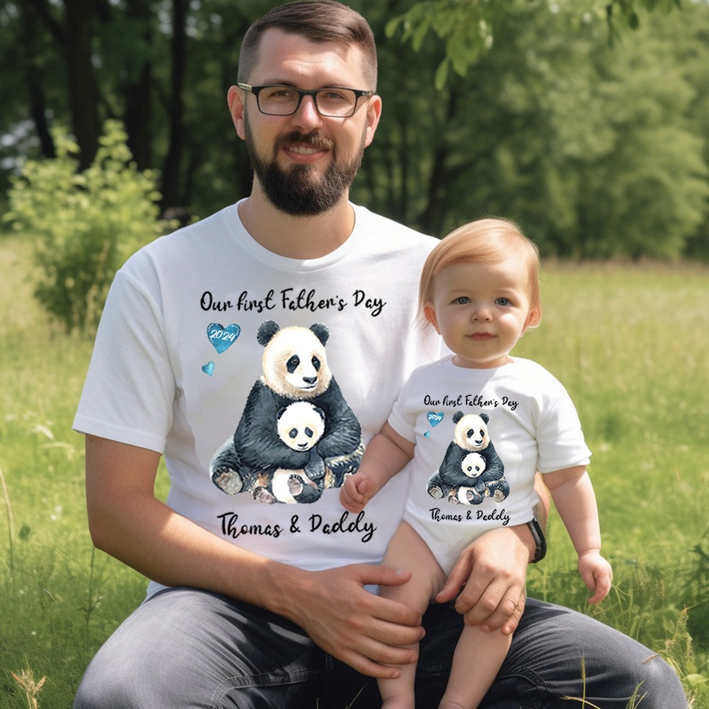 Personalisierte Panda-Eltern-Kind-Shirts, unser erstes Vatertagsshirt, Panda-Shirt, passende Baumwoll-Vater- und Baby-Shirts, Vatertagsgeschenk für Papa