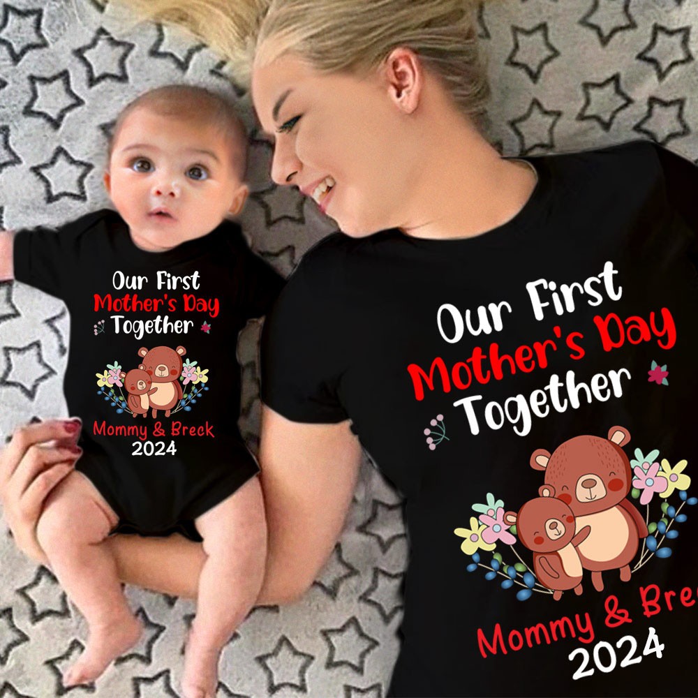 Personalized Animals/Pattern T-shirt and Baby Onesie, Our First Mother's Day Mom and Baby Set 100% Cotton, Holiday Party Gift for Newborn New Mom
