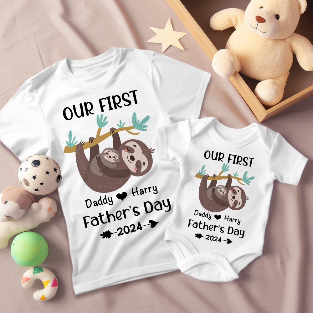 Aangepaste luiaard naam ouder-kind shirt, ons eerste vaderdag shirt, katoenen T-shirt/rompertjes, verjaardag/vaders cadeau voor papa/opa
