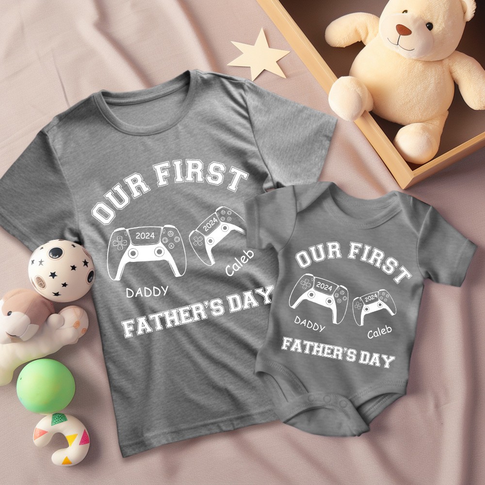 Anpassad Name Game Console Förälder-barn-tröja, matchande speltröja för pappa och bebis, T-shirts/byxor i bomull, farsdagspresent till nyblivna pappor/bebisar