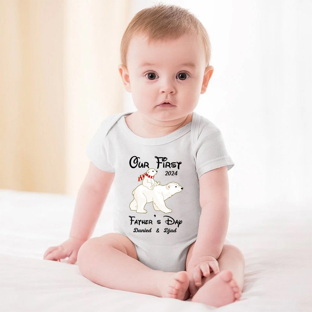 Custom Polar BearT-Shirt&Baby Rompers, Our First Father's Day Shirt, Family Gift, Cotton Matching Shirt, Father's Day Gift, Gift for Dad/Baby