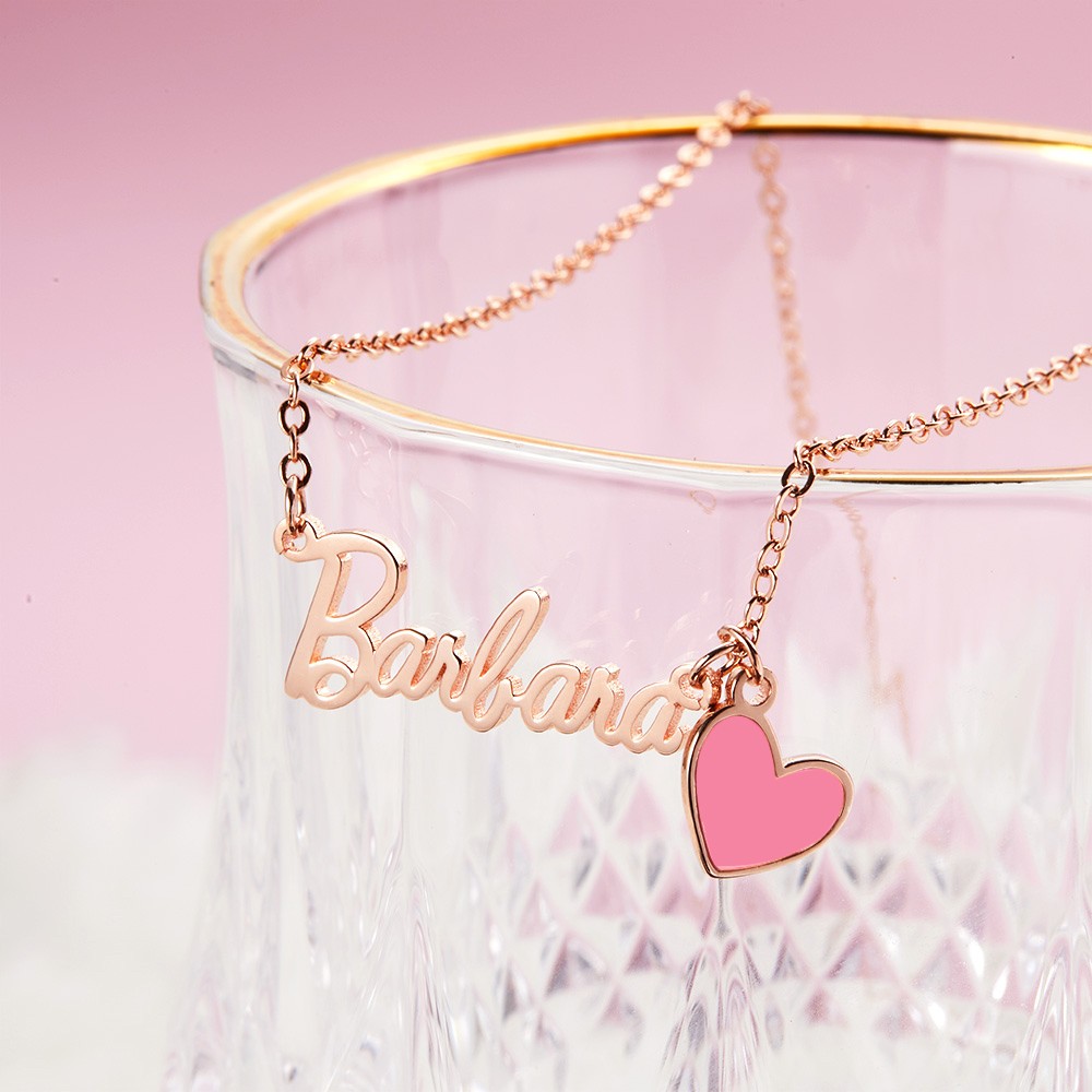 Collier prénom personnalisé avec coeur rose, collier prénom Barbi, bijoux pour femme en argent sterling 925, cadeau d'anniversaire/anniversaire pour elle/amant/amis