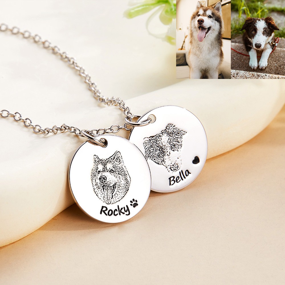 Personalized Name Pet Portrait Engraved Bracelet, Sterling Silver Small Disc Bangle, Pet Memorial Jewelry, Birthday Gift for Pet Lover/Dog Mom/Cat Mom