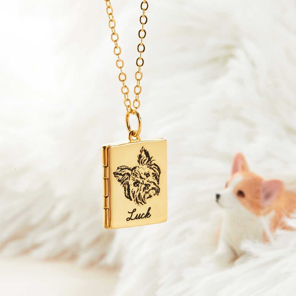Custom Pet Portrait Book Locket Necklace, Personalized Pet Photo Engraved Locket Necklace, Pet Memorial Jewelry, Gift for Pet Lover/Pet Owner