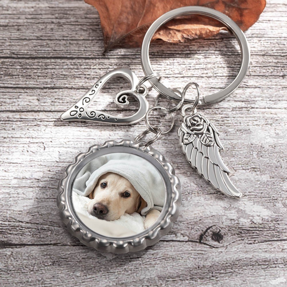 Personalized Photo Small Disc Keychain with Wings, Heart Charm Keychain, Memorial Keychain, Sympathy Gift, Bereavement Gift, Gift for Her/Family