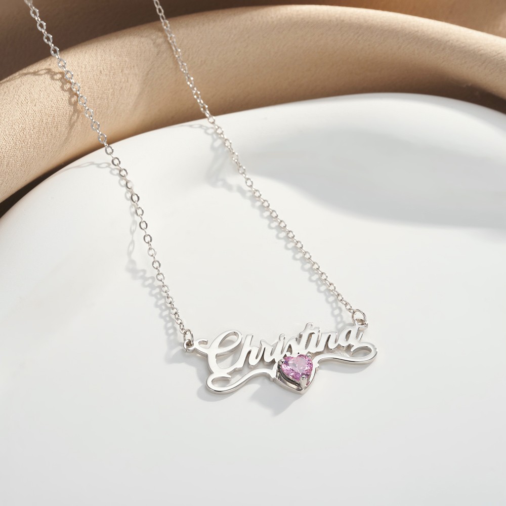 Personalized Name Necklace with Heart Birthstone, Sterling Silver 925 Statement Birthstone Jewelry, Valentine's Day/Anniversary/Christmas Gift for Her