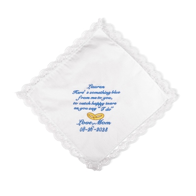 Personalized Cotton Embroidered Wedding Lace Handkerchief with Name and Date, Something Blue, Wedding Gift from Mom to Daughter