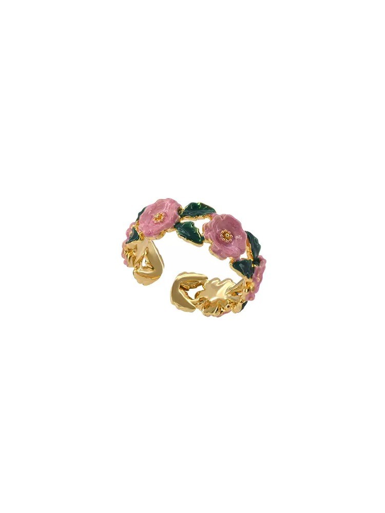 French Vintage Enamel Rose Ring, Unique, Exquisite, High-End Design for Women
