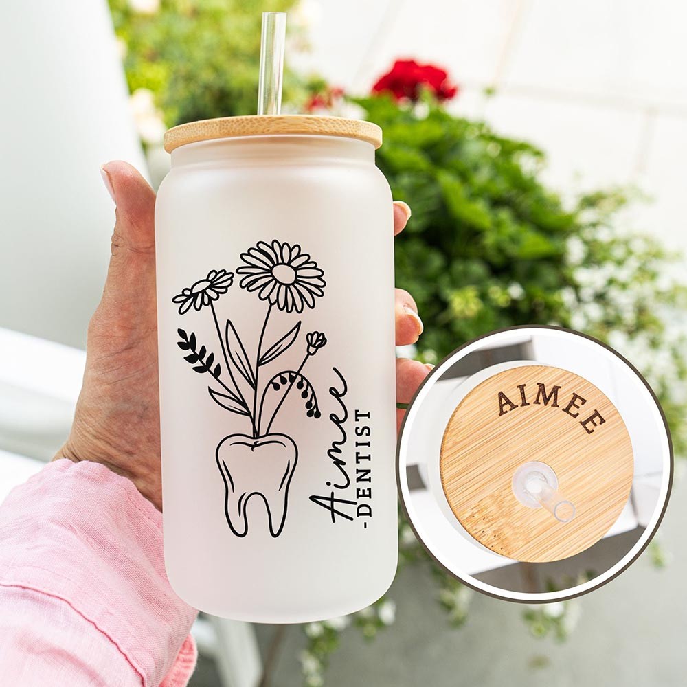 Personalized Birth Flower Glass Coffee Cup, Custom Name Dental Hygienist Cup, Dental Glass Tumbler with Lid, New RDH Gift, RDH Graduation Gift