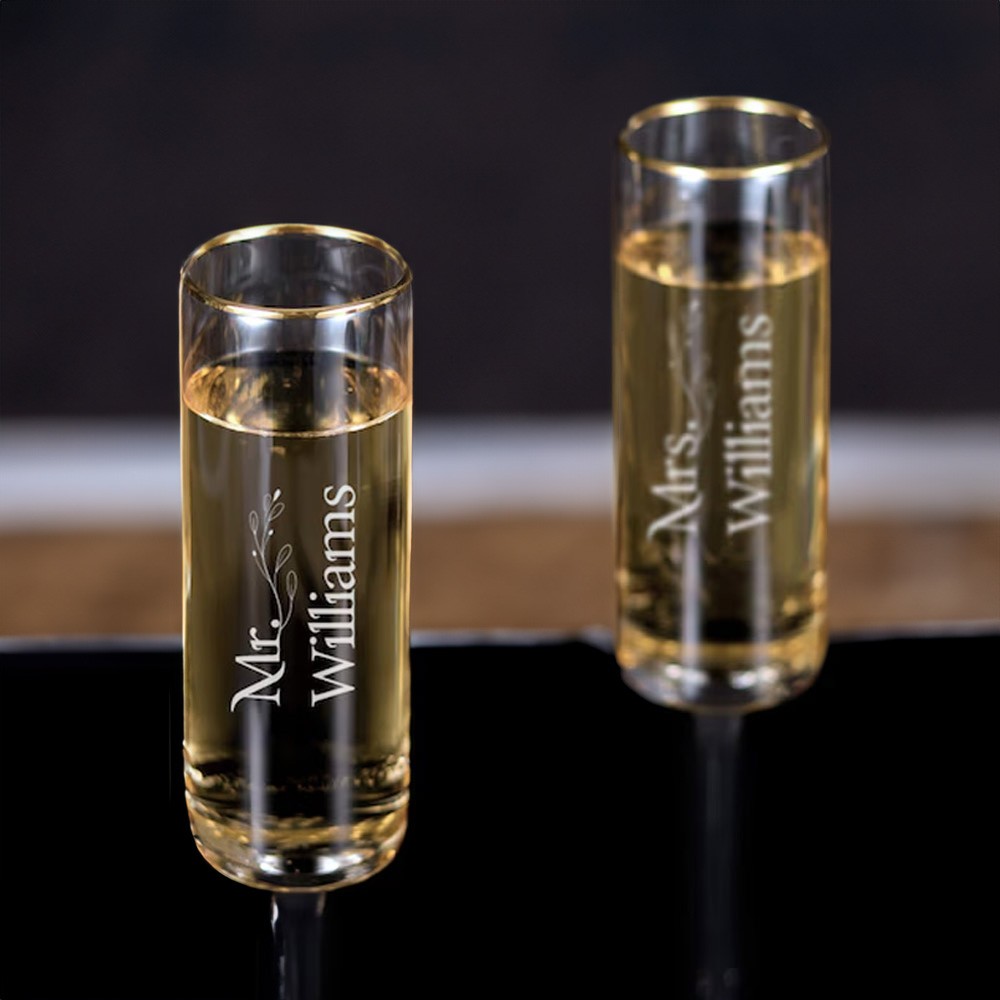 (Set of 2)Custom Engraved Champagne Flutes, Gold Rim Champagne Glasses with Names Date Logo, Bachelor Party Favors, Wedding Gifts for Couple/Guests