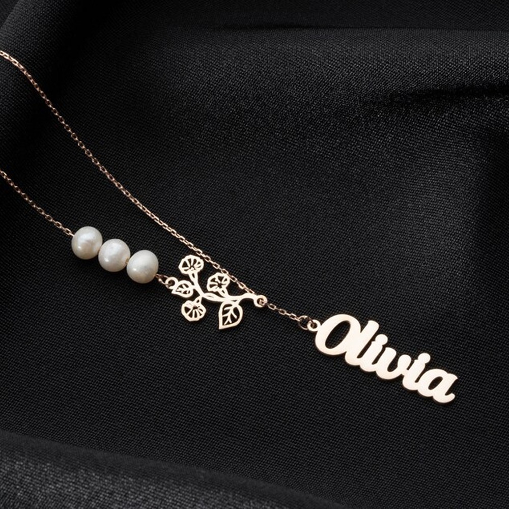 Personalized Birth Flower Pearl Lariat Name Necklace, Pearl Celestial Pendant, Unique Birth Flower Pearl Lariat Necklace