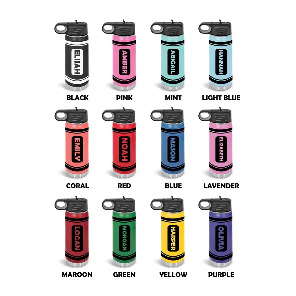 Personalized Kids Crayon Water Bottle Leak Proof, 20oz Insulated Steel Water Bottles, Name on Bottle Many Colors & Sizes