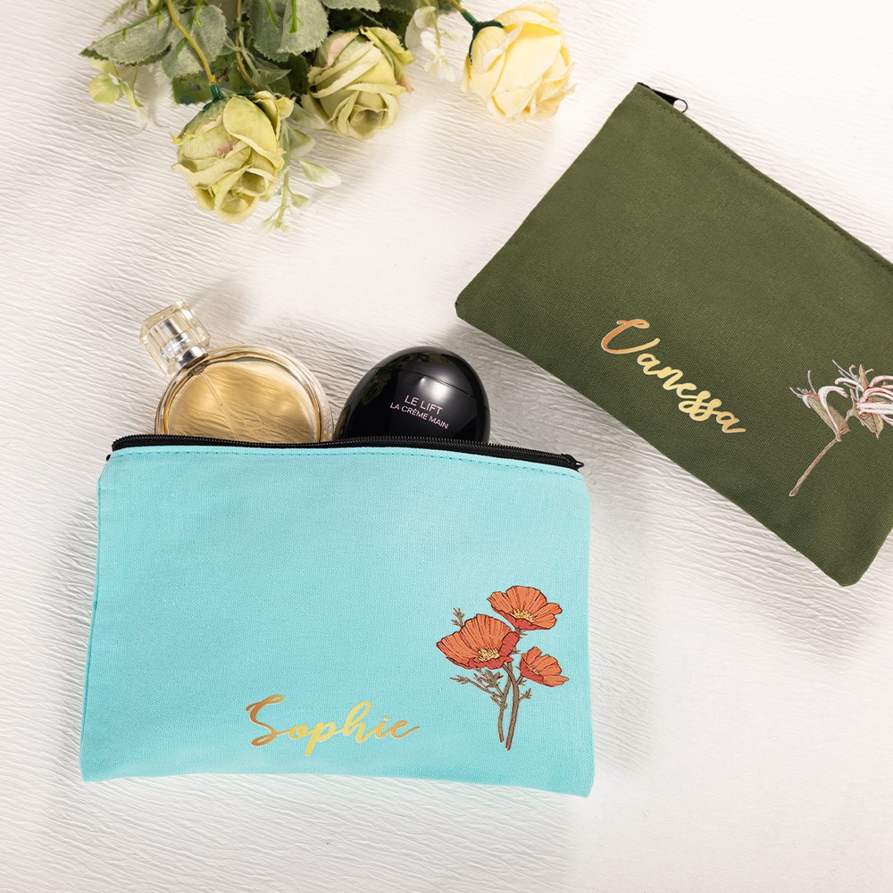 Personalized Birth Flower Makeup Bag