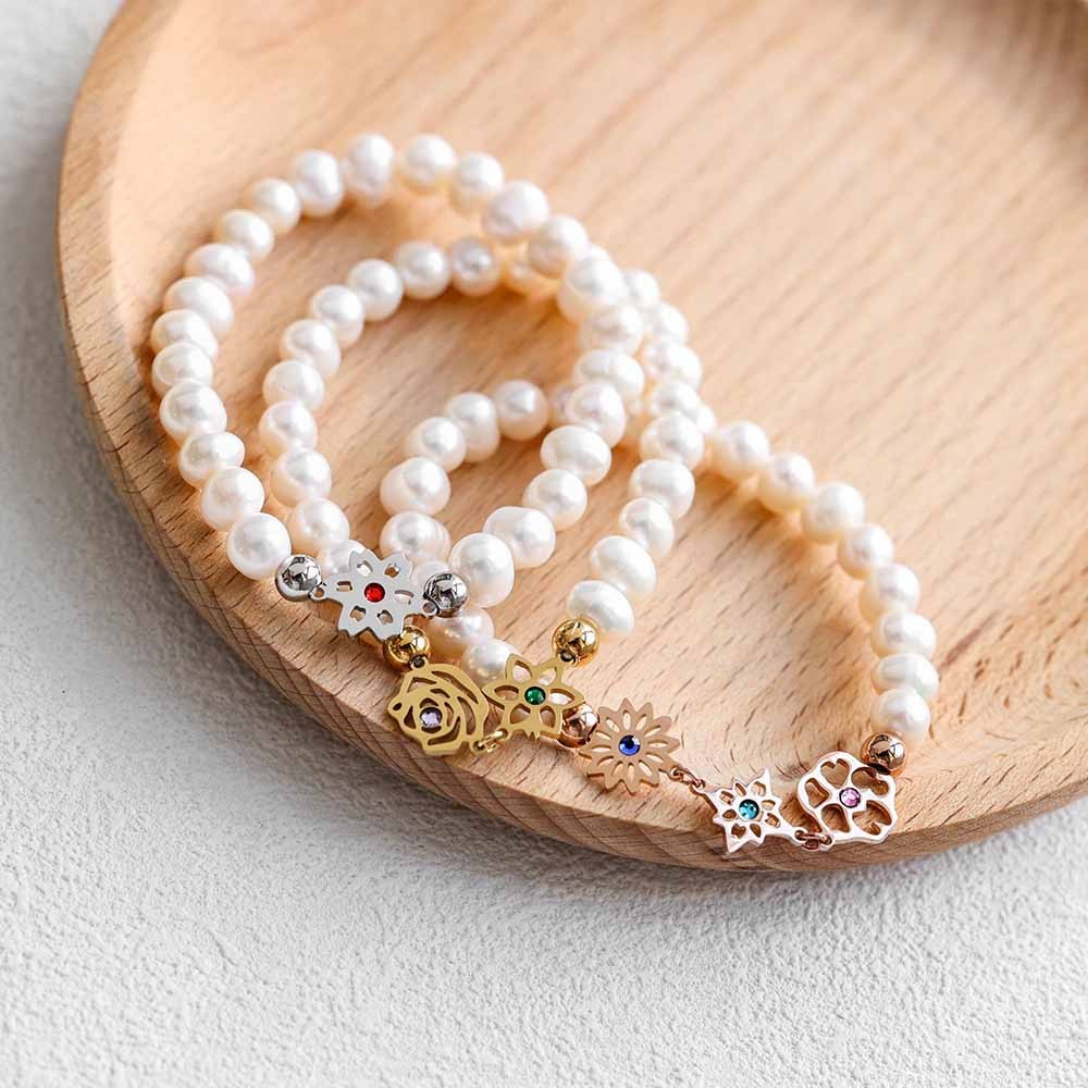 Custom Birth Flower Gemstone Bracelet, Freshwater Pearl Bracelet, Dainty Pearl Bracelet, Bridesmaids Bracelet, Birthday Gift, Gift for Her