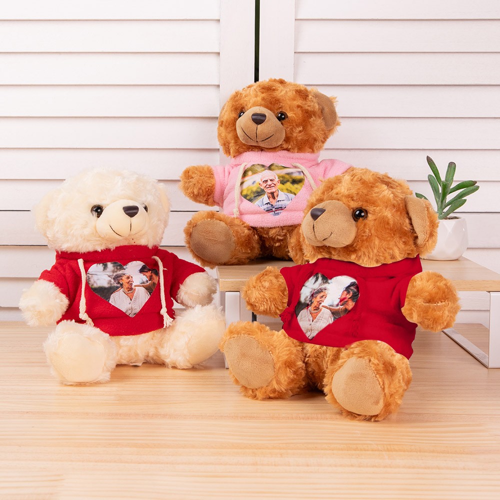 Personalized Cute Plush Stuffed Memory Bear With Heart Photo Shirt or Hoodie, Picture Teddy Bear, Memorial Anniversary Gift for Family Friend