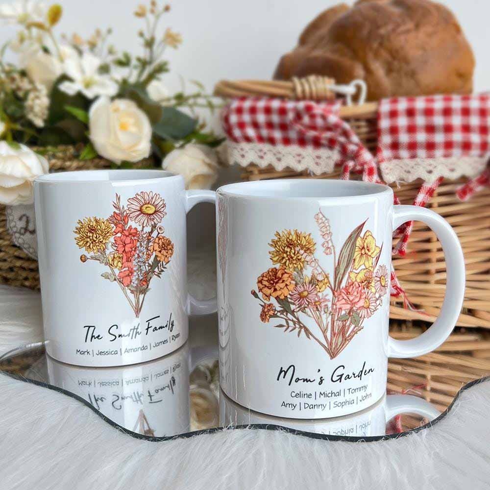 Personalized Name Birthday Flower Bouquet Gradient Mug, Custom Birth Month Flower Coffee Cup, Customized Art Mug, Christmas Gift, Mother's Day Gift form Daughter