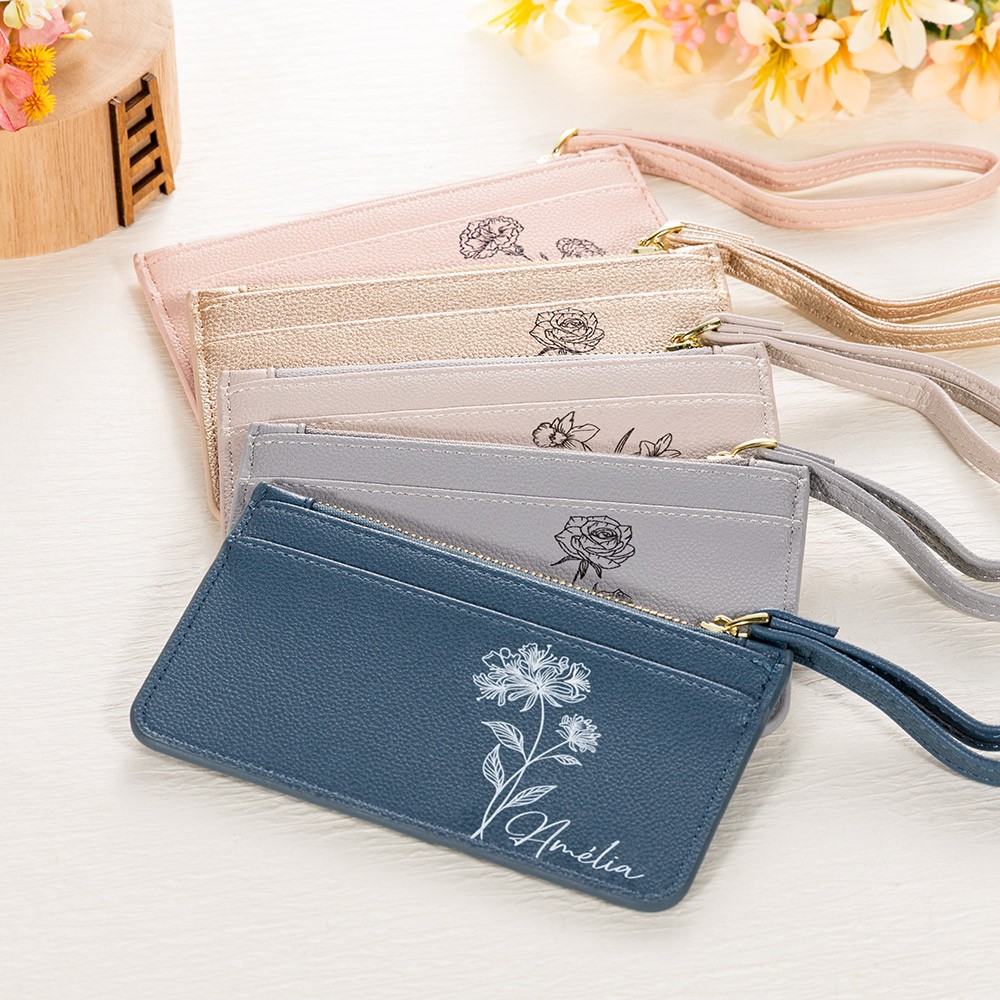 Porte-carte zippé personnalisé avec fleur de naissance avec nom, porte-monnaie en cuir végétalien monogramme, portefeuille pour femme, cadeau de fête des mères/demoiselle d'honneur pour femme