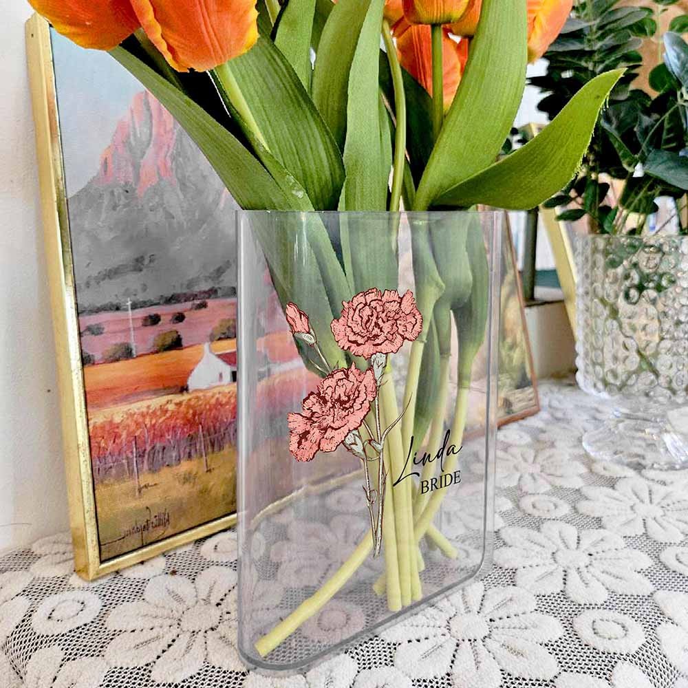 Personalized Name Birth Flower Book Shaped Flower Vase, Custom Birthday Acrylic Vase for Flower, Bridesmaid Proposal Party Favor, Gift for Bride/Bridesmaid