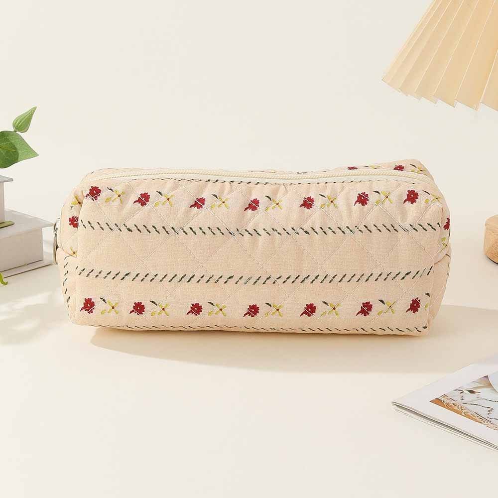Personalized Name Plaid Floral Quilted Cotton Pencil Case, Cute Creamy Blue Cosmetic Bag, Small Capacity Makeup Bag, Embroidered Makeup Bag