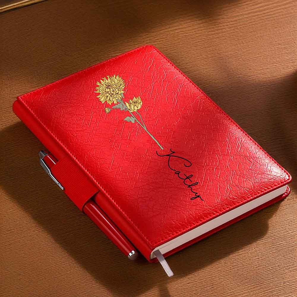 Custom Name Birth Flower Notebook, Personalized Birthday Flower Diary, Notebook with Pen Holder, Customized Name Diary, Birthday Gift