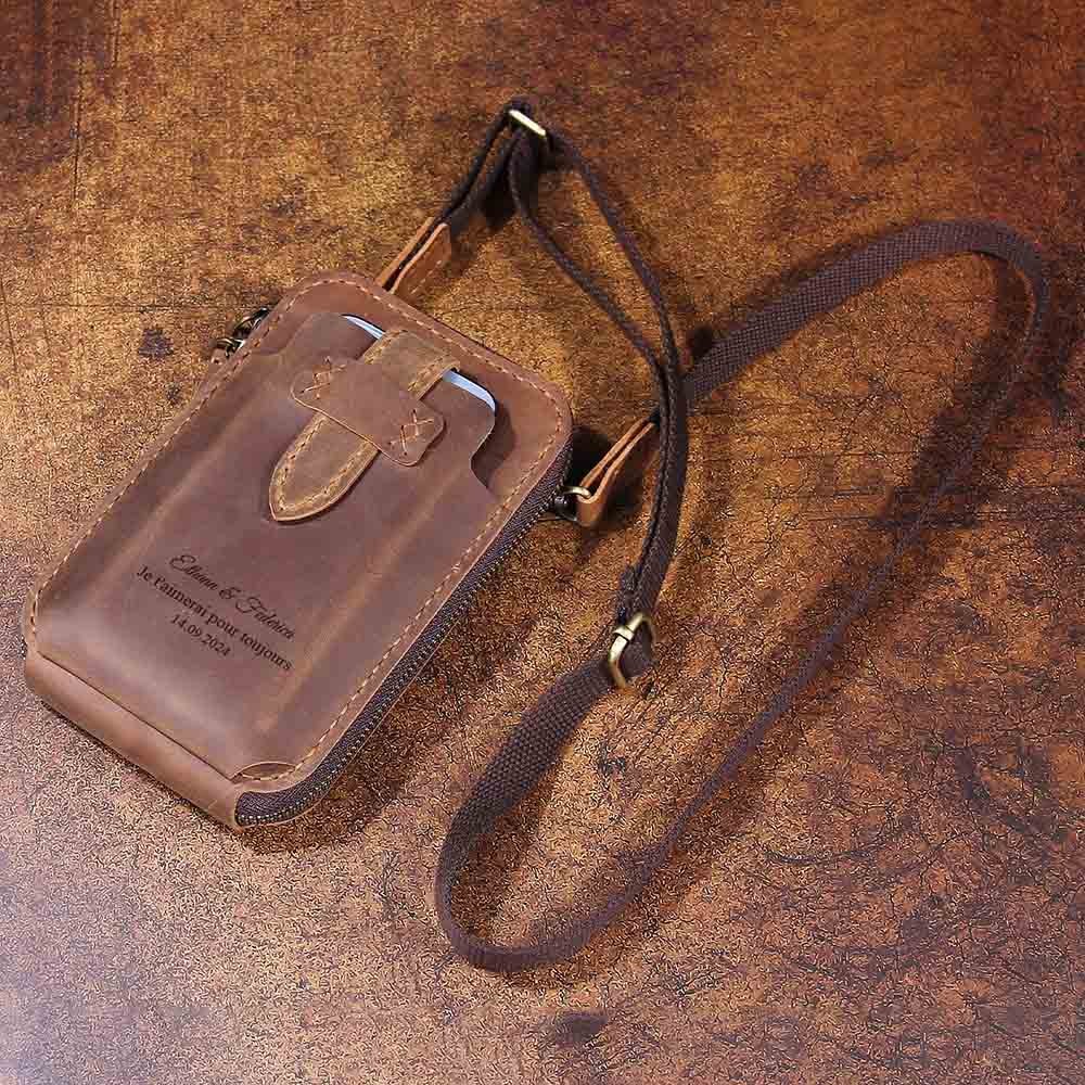 Personalized Leather Belt Pouch, Handmade Waist Bag, Leather Crossbody Bag with Card Holder, Custom Men‘’s Phone Holster Bag, Gifts for Dad