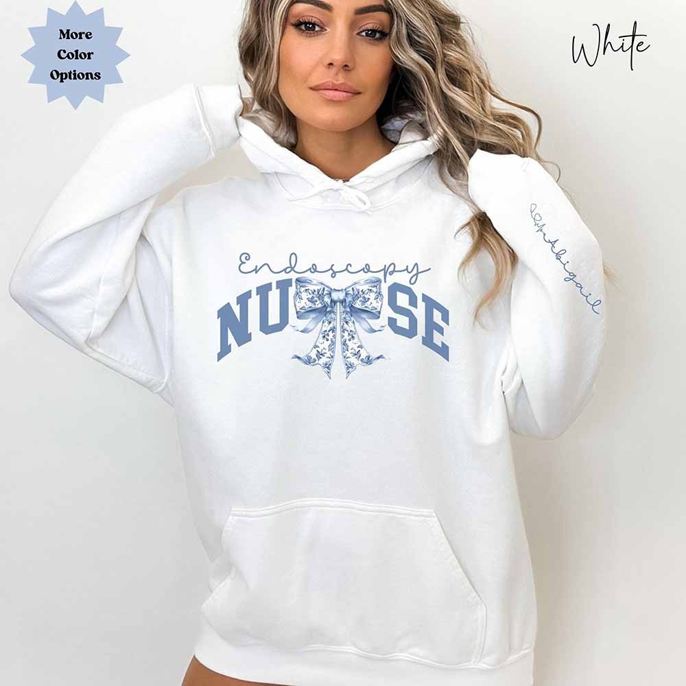 Personalized Endoscopy Nurse Bow Sweatshirt, Endoscopy Nurse Shirt, Endoscopy Shirt, Blue Ribbon Sweater, Endoscopy Gift, Endoscopy RN Shirt