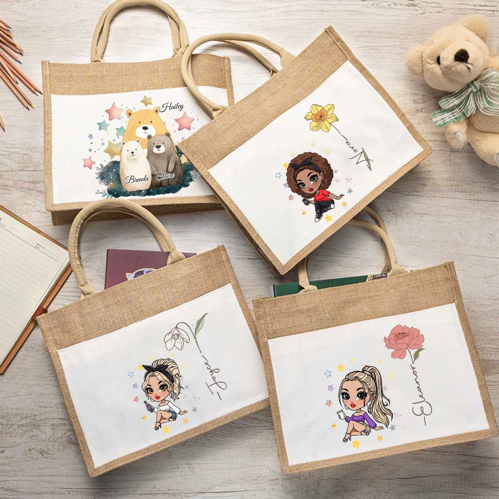 Personalized Fashion Girl Jute Bag with Birth Flower & Name, Large Capacity Burlap Tote Bag, Shopping Bag, Birthday/Christmas Gift for Women/Girls