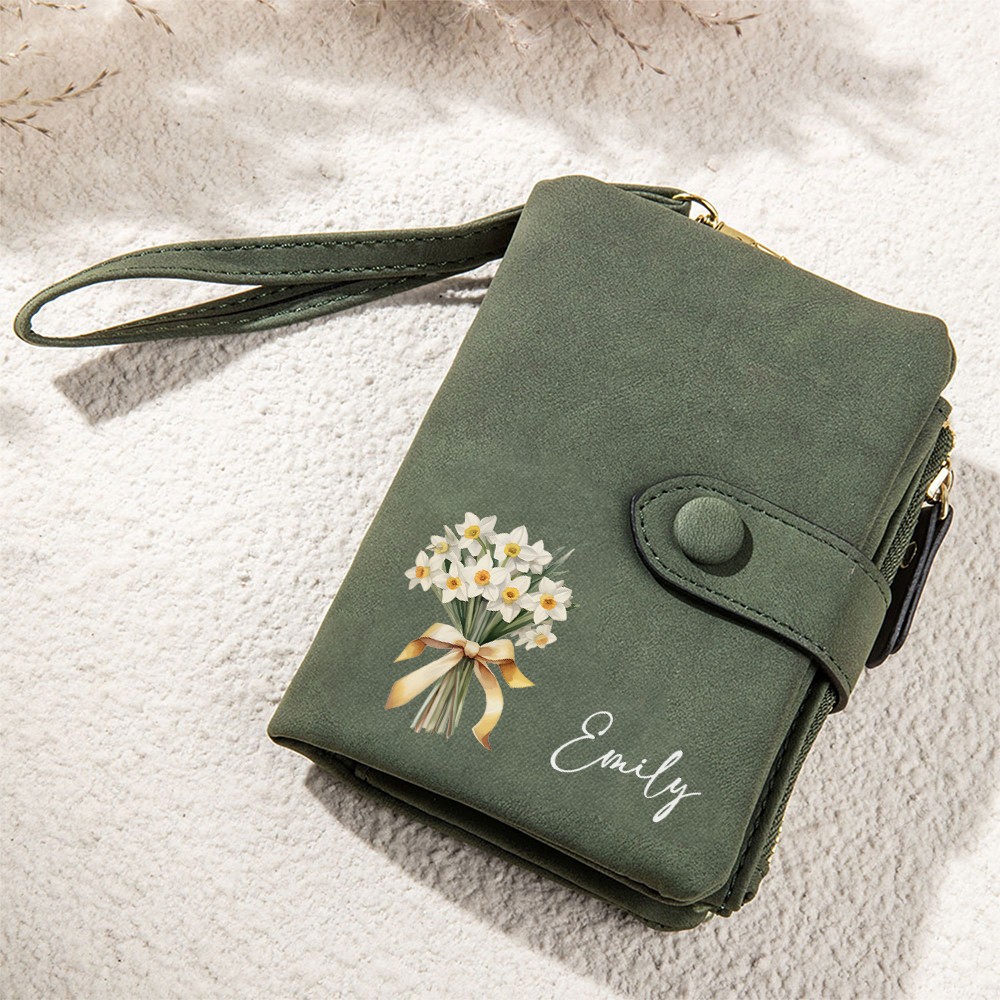 Personalized Name Birth Flower Wallet, PU Leather Card Holder with Wrist Strap, Birthday/Mother's Day/Wedding Gift for Her/Mom/Grandma/Bridesmaids