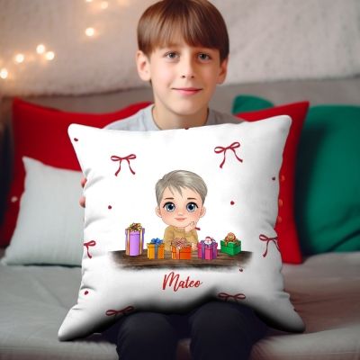 Personalized Christmas Cartoon Pillow with Bow Background, Custom Name Kid Pillow Case, Christmas Home Decor, Christmas Gift for Boys/Girls/Family