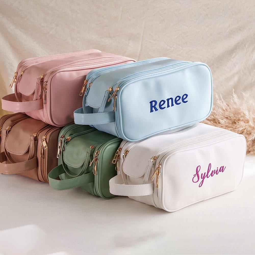 Personalized Embroidered Name Bag, Custom Leather Toiletry Bags, Large Capacity Cosmetic Bag, Makeup Organizer with Multiple Compartments, Christmas/Bridesmaid Gift for Her