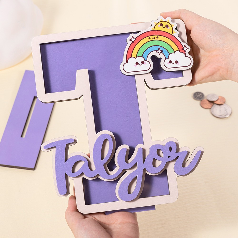Personalized Name Wooden Letter Money Bank, Letter Clear Window Coin Bank Money Box, Kids' Room Decor, Birthday/Christmas/Children's Day Gift for Kids