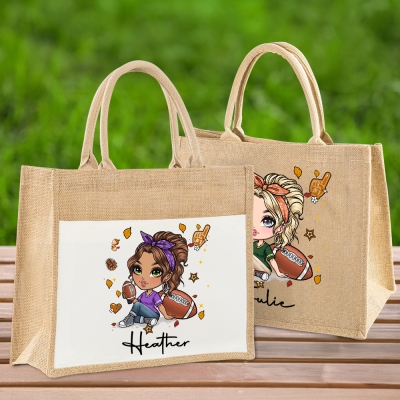 Personalized Cartoon Rugby Girl Tote Bag with Name & Front Pocket, Large Capacity Burlap Jute Bag, Travel Accessory, Birthday Gift for Women/Girls/Her