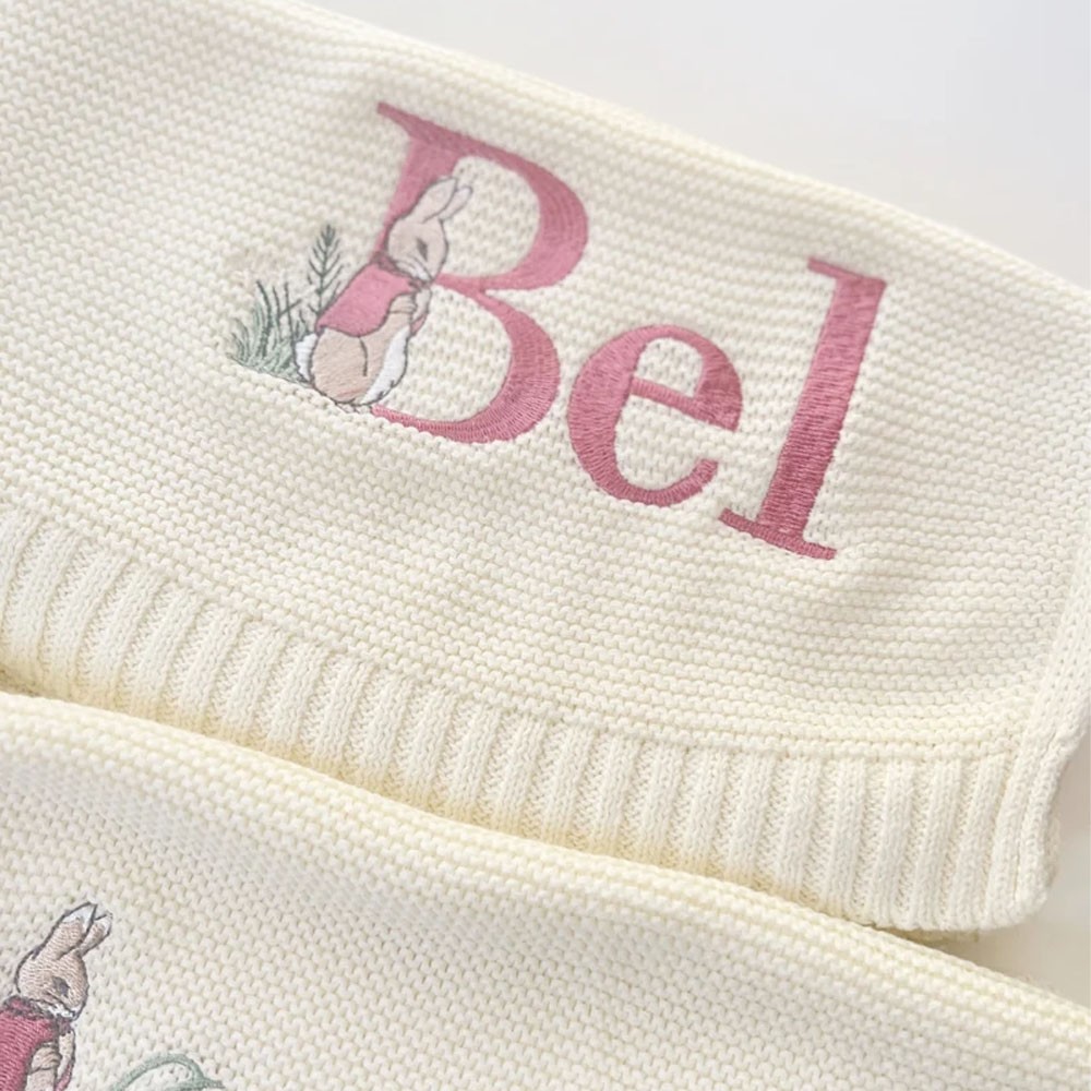 Personalized Knit Baby Blanket, Hospital Newborn Baby Shower Gift, Easter Blanket, Easter Basket, Peter Rabbit Nursery, Bunny Monogram