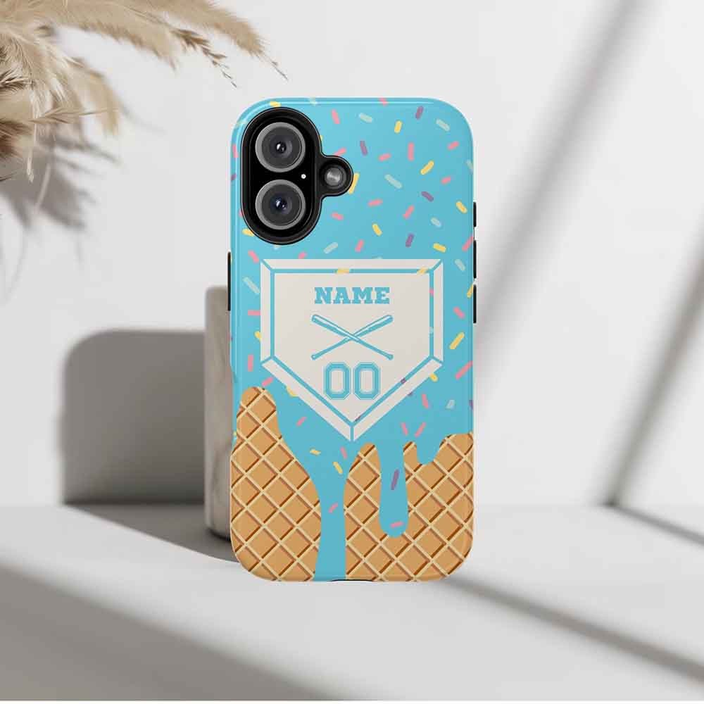 Personalized Name Baseball Lifestyle Inspired Phone Case, Blue Dripping Ice Cream Cone Custom Phone Case, Baseball Fashion Gift For Baseball Lovers