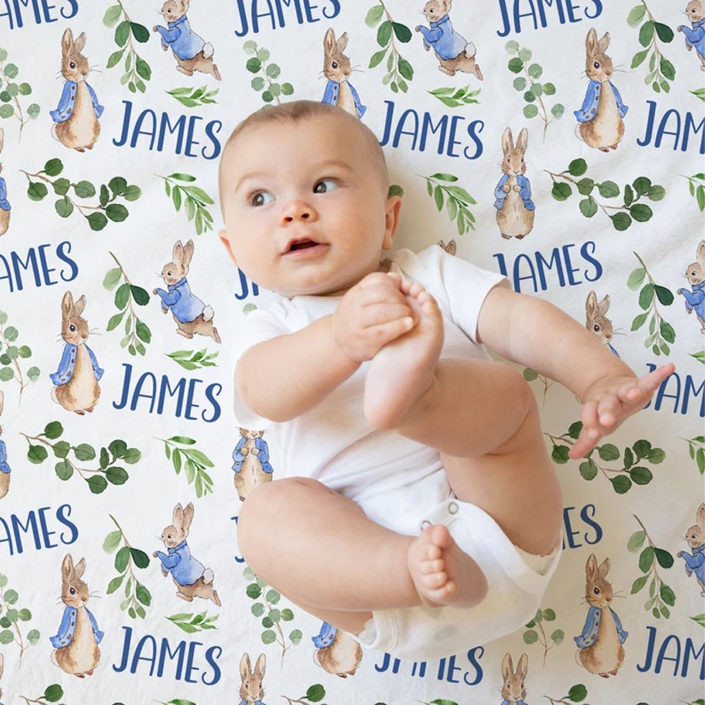 Peter Rabbit Baby Name Swaddle, Greenery Boy Blanket, Personalized Receiving Blanket, Baby Shower Gift, Custom Boy Bedding, Eucalyptus,