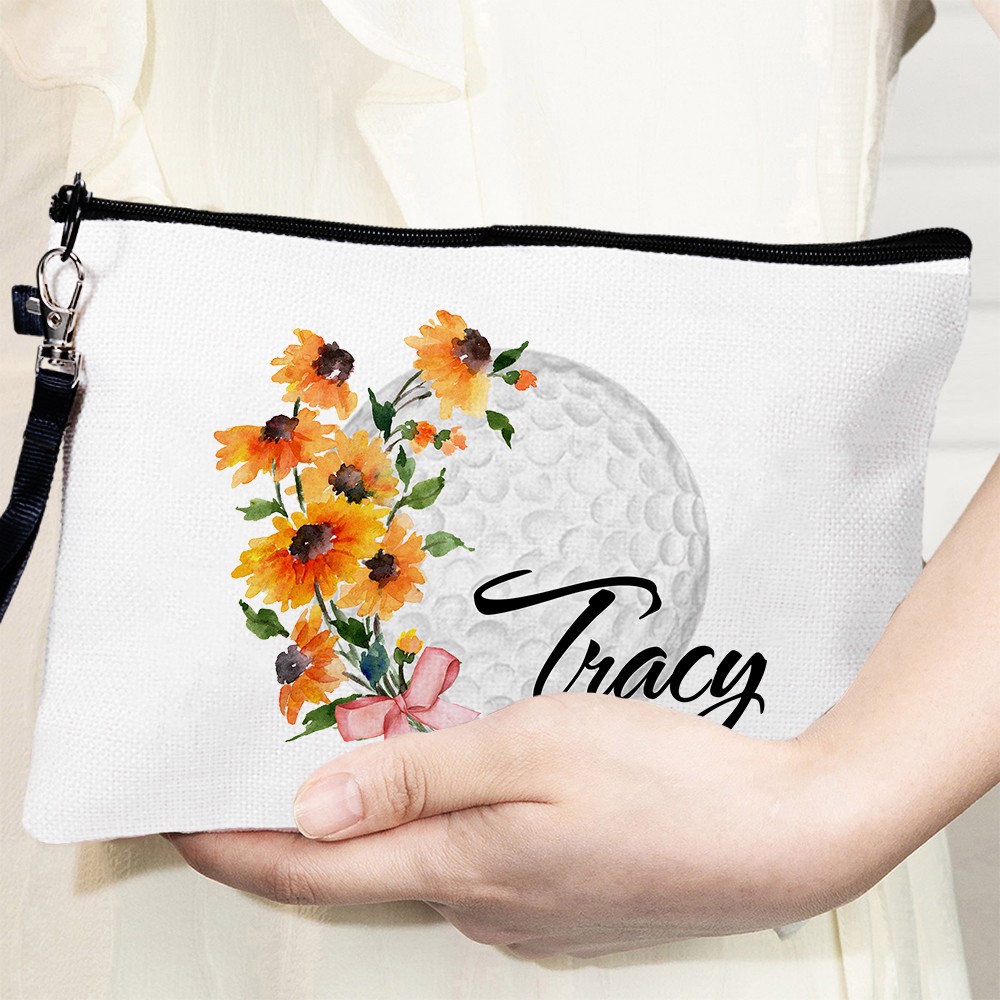 Personalized Birth Flower & Name Golf Cosmetic Bag, Custom Flax Sports Makeup Bag, Sports Accessory, Sports Gift for Golf Team/Player/Coach