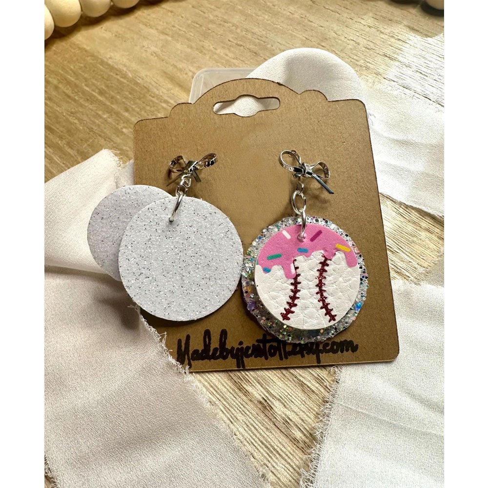 Custom Ice Cream Dripping Baseball Earrings with Glitter & Bow, Kawaii Baseball Donut Earrings, Birthday Gift for Baseball Mom/Baseball Lovers/Her