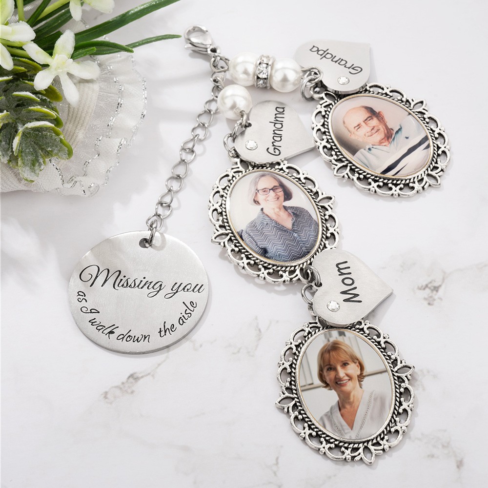 Customized Lace Oval Photo Bouquet Charm for Bridal Memorial Bouquet, With Heart Engraved Pendant, Memorial Wedding Gift for Bride